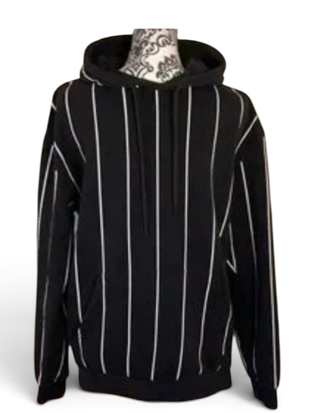 Denim & Flower Ricky Singh Black White Striped Pullover Hoodie Sweatshirt Size L